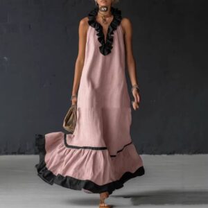 Summer New Elegant Ruffled Contrast-Color Tank Maxi Dress