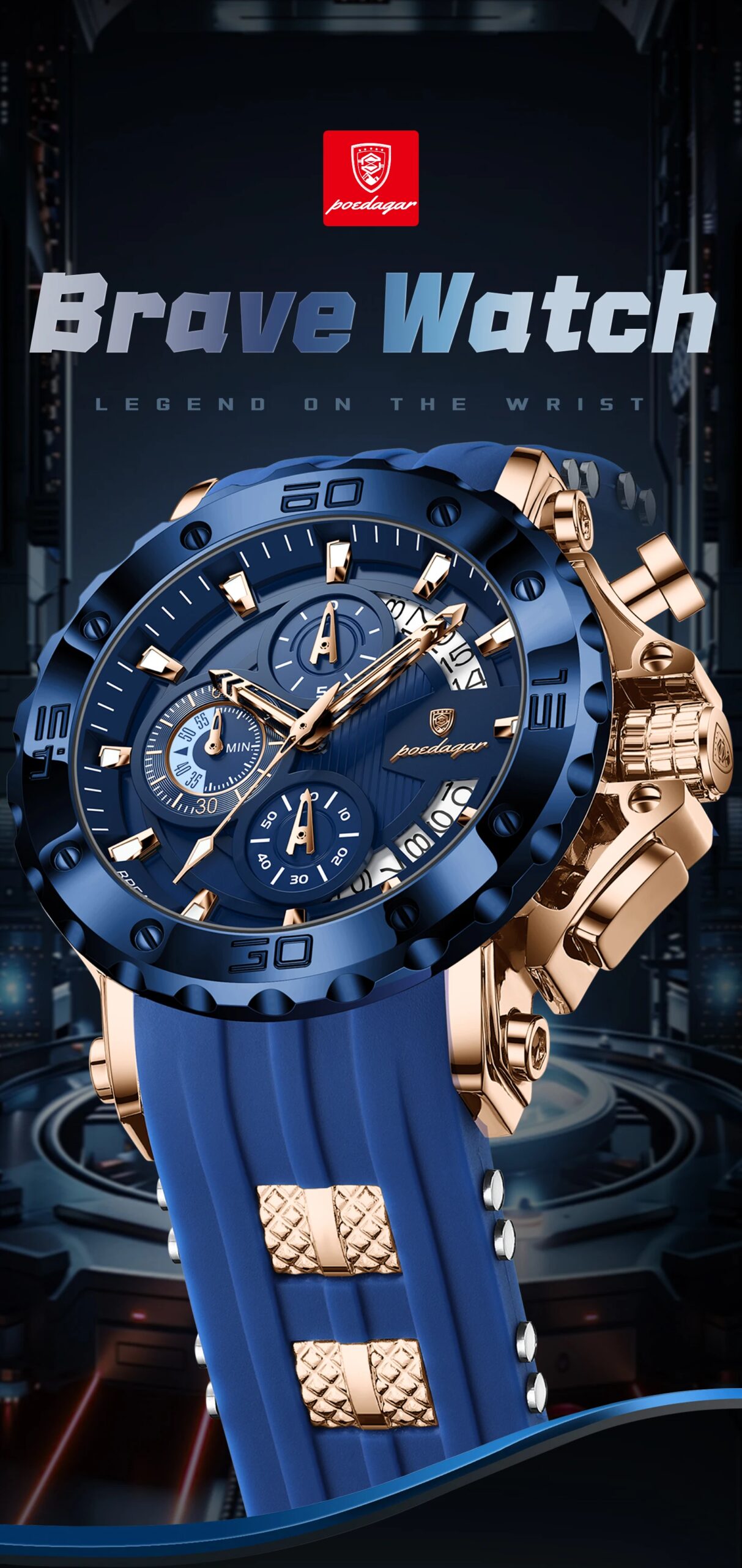 POEDAGAR Luxury Sports Male Watch Chronograph Waterproof Luminous Fashion Men Clock Calendar Silicone Strap Quartz Men's Watches