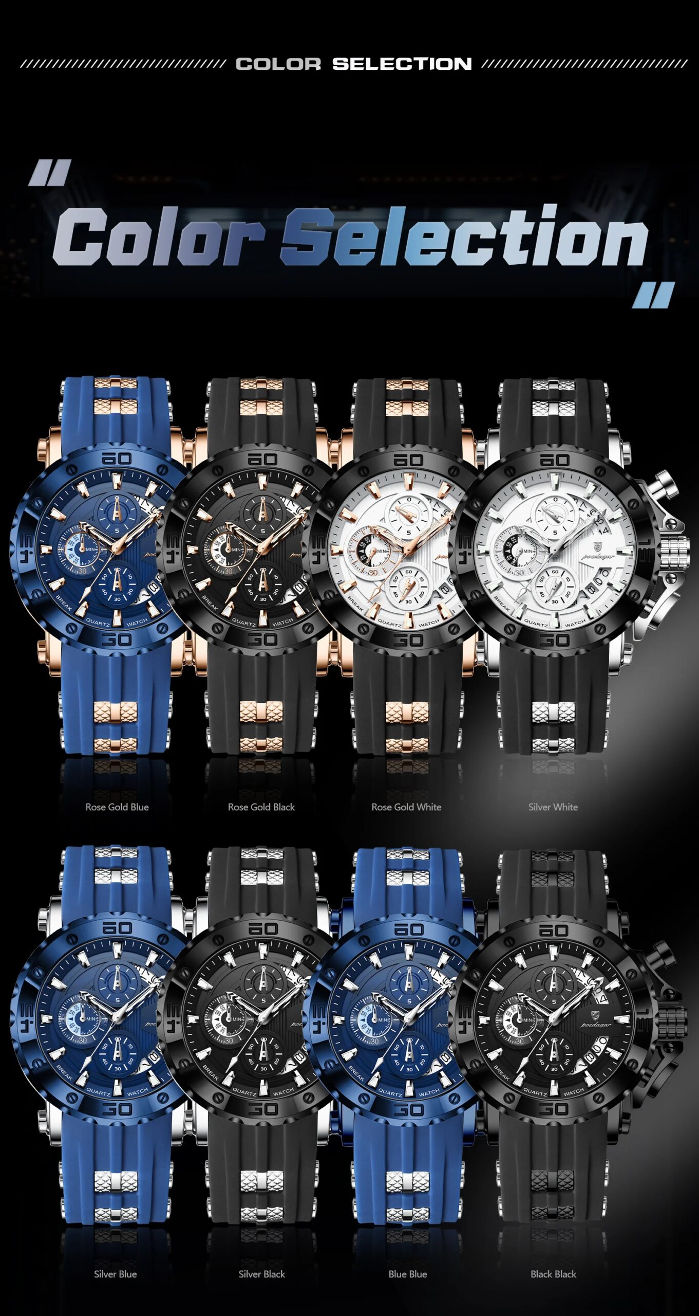 POEDAGAR Luxury Sports Male Watch Chronograph Waterproof Luminous Fashion Men Clock Calendar Silicone Strap Quartz Men's Watches
