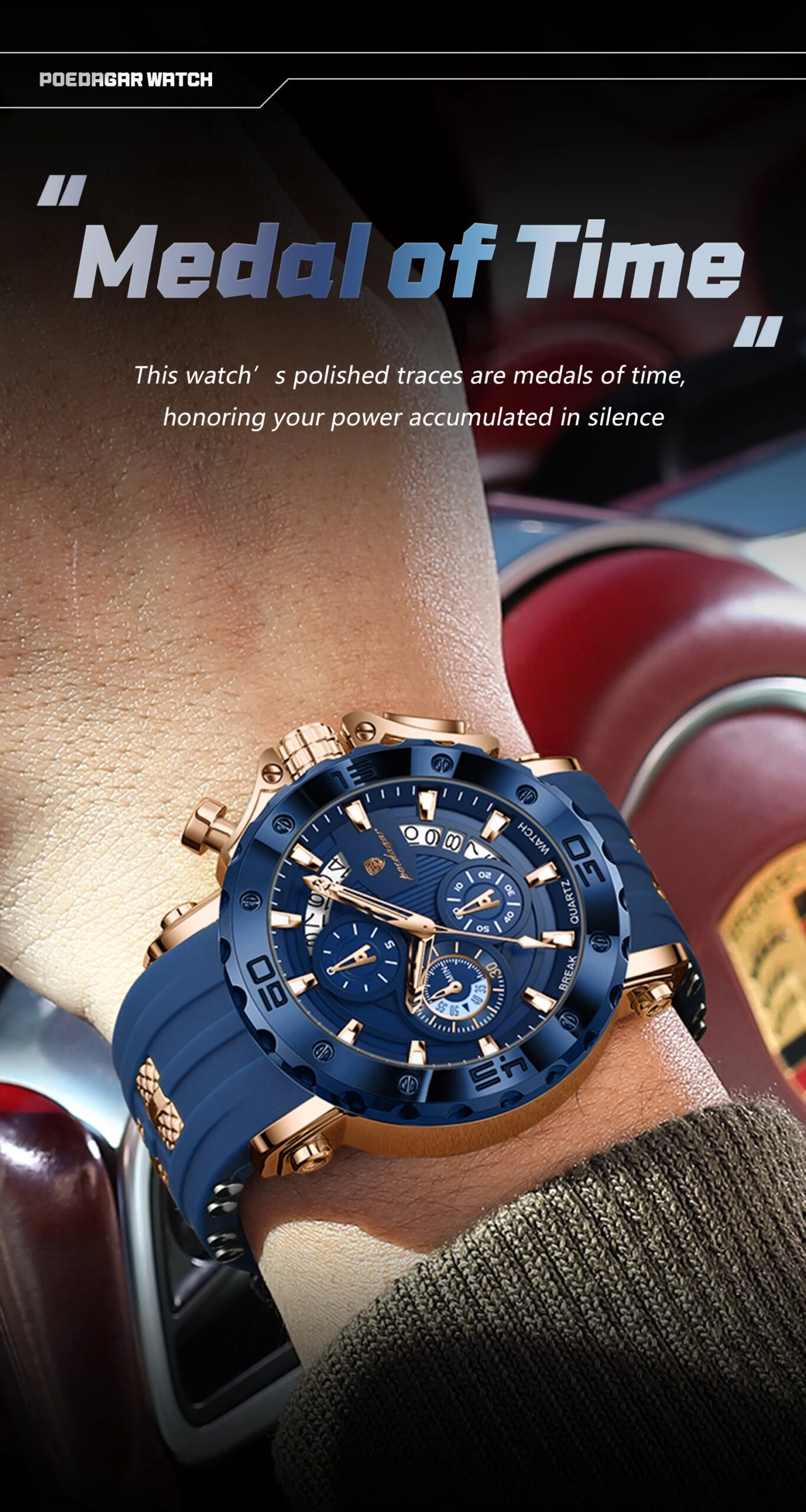POEDAGAR Luxury Sports Male Watch Chronograph Waterproof Luminous Fashion Men Clock Calendar Silicone Strap Quartz Men's Watches