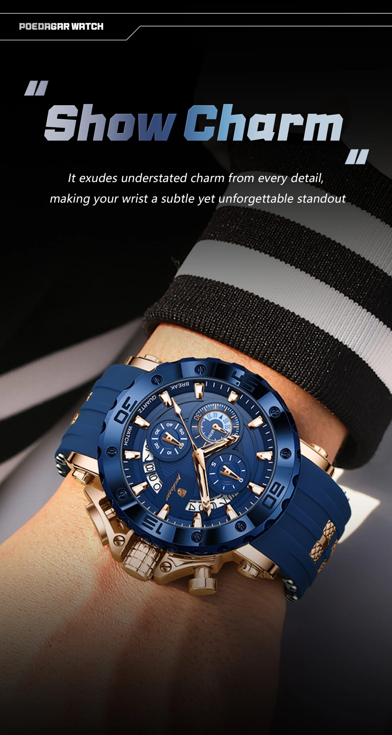 POEDAGAR Luxury Sports Male Watch Chronograph Waterproof Luminous Fashion Men Clock Calendar Silicone Strap Quartz Men's Watches