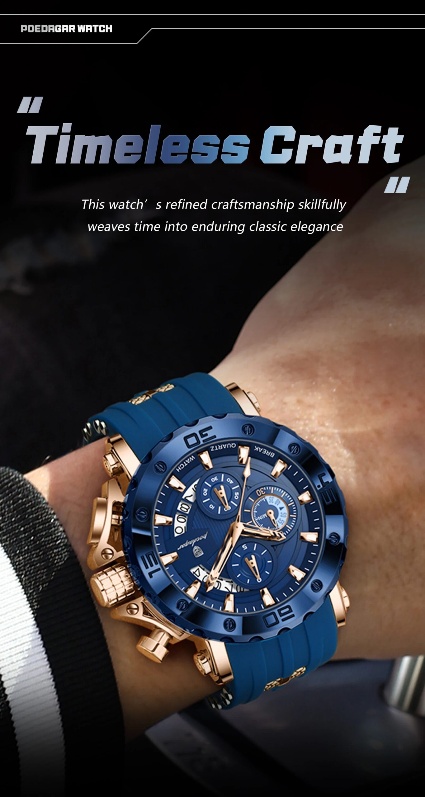 POEDAGAR Luxury Sports Male Watch Chronograph Waterproof Luminous Fashion Men Clock Calendar Silicone Strap Quartz Men's Watches