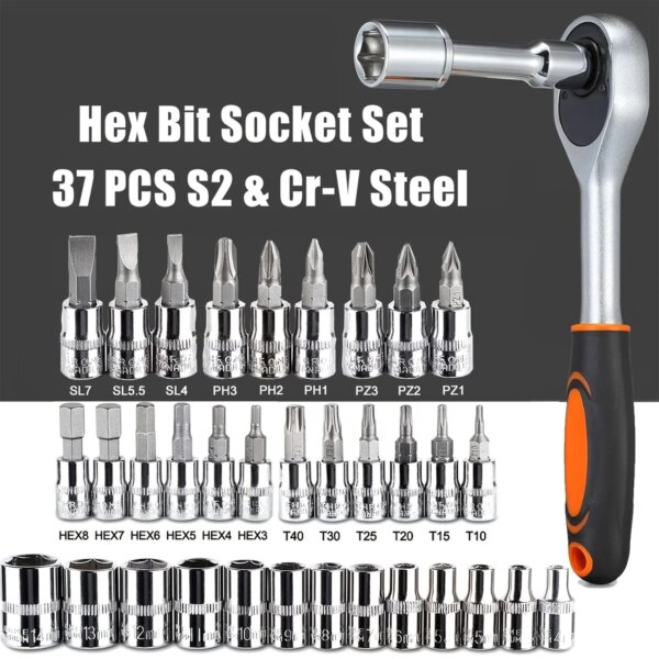 46Pcs Family Tools 1/4 Set Mechanic Tool Kits for Auto Repair Hous with Sockets Metric Hex Bit Socket Set inch Ratchet Wrench Uncategorized