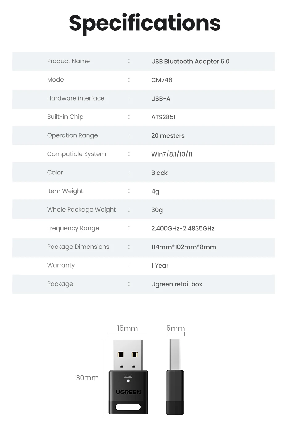 USB Bluetooth Adapter, Bluetooth 6.0 Dongle for PC Windows 11/10/8.1, Bluetooth Receiver & Transmitter for Keyboard/Mouse
