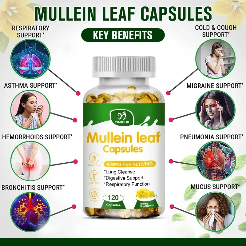 Mullein Leaf 800mg Capsules with Pure Leaf Extract & Herbal Formula, Cleanse Lungs, Relieve Cough & Support Digestive Comfort