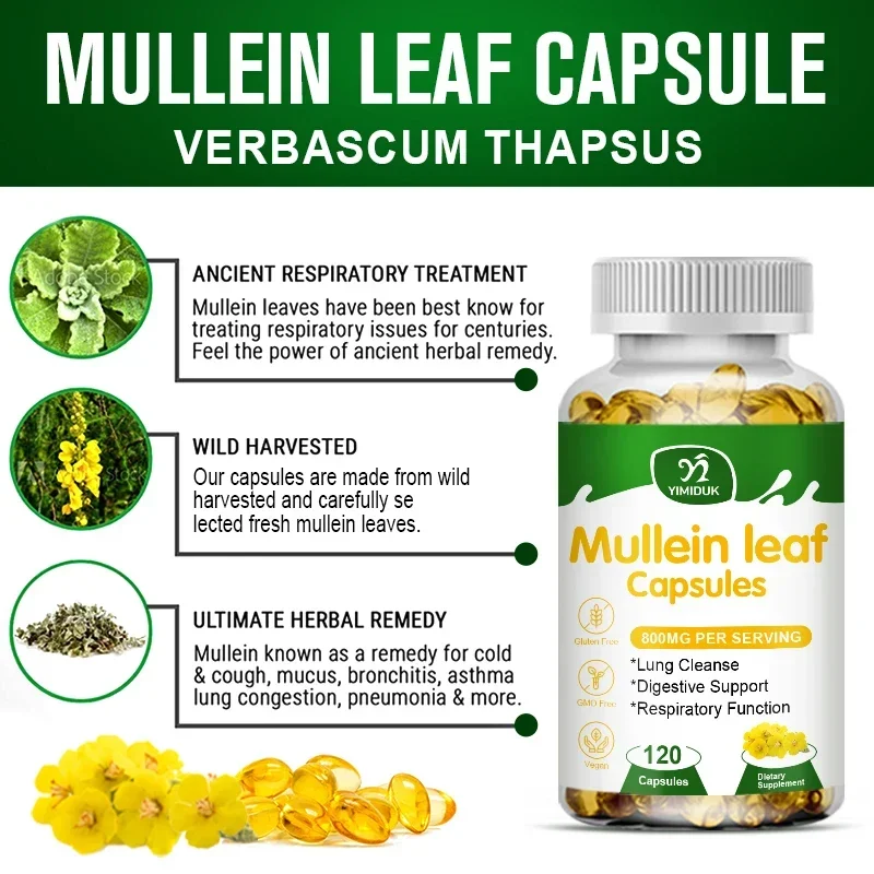 Mullein Leaf 800mg Capsules with Pure Leaf Extract & Herbal Formula, Cleanse Lungs, Relieve Cough & Support Digestive Comfort