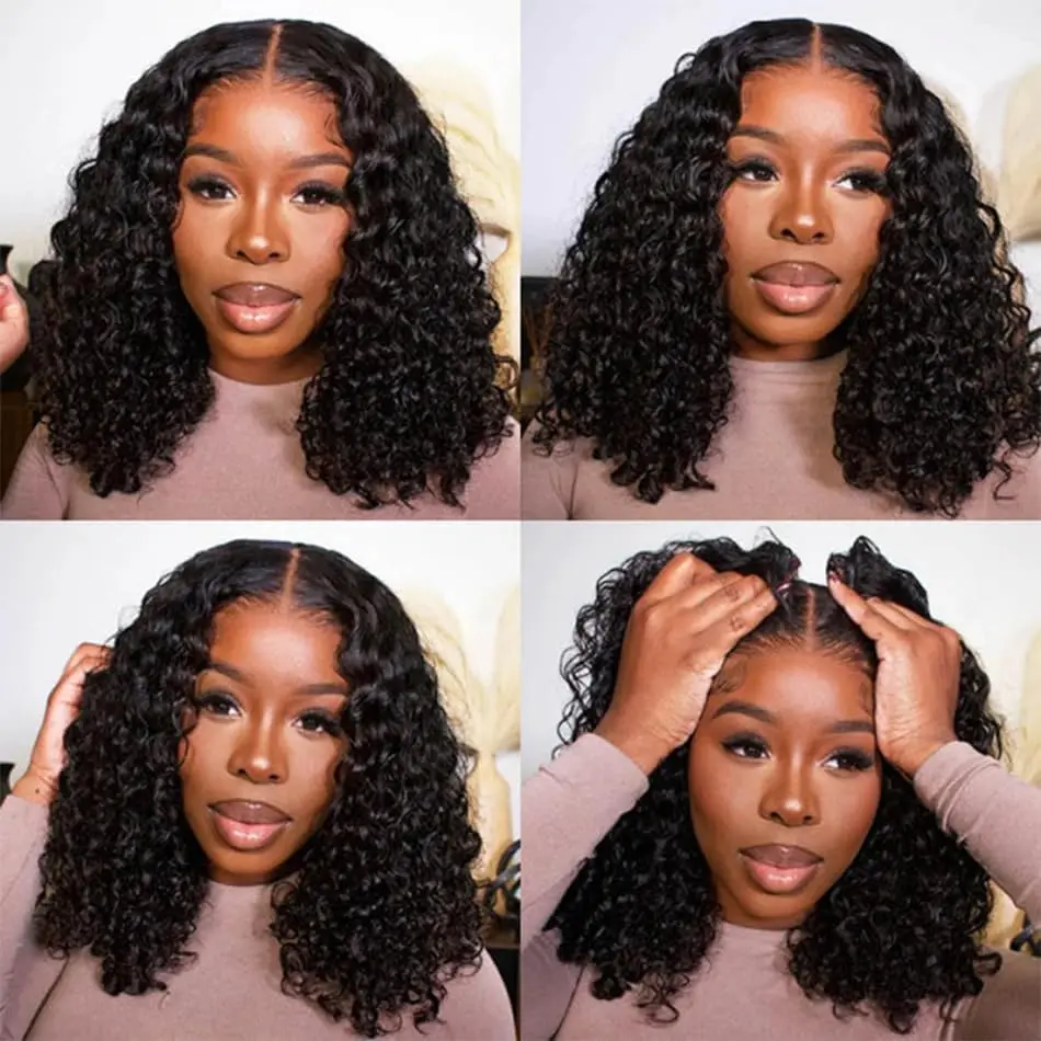 Deep Wave Bob Wig Human Hair Lace Front Wigs For Black Women Human Hair Invisible Lace Wigs 200 Density 13x4 #1B Natural Black