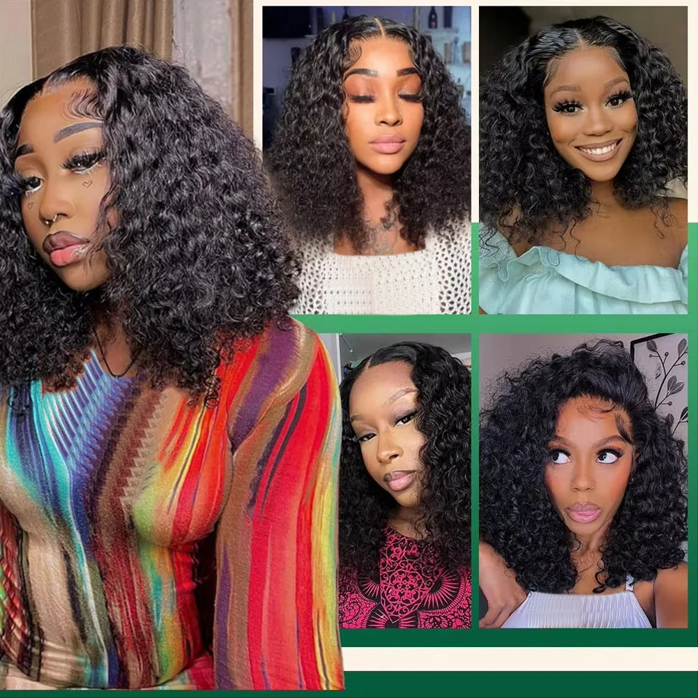 Deep Wave Bob Wig Human Hair Lace Front Wigs For Black Women Human Hair Invisible Lace Wigs 200 Density 13x4 #1B Natural Black