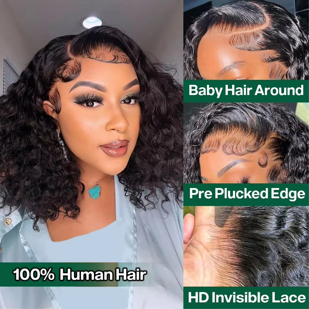 Deep Wave Bob Wig Human Hair Lace Front Wigs For Black Women Human Hair Invisible Lace Wigs 200 Density 13x4 #1B Natural Black
