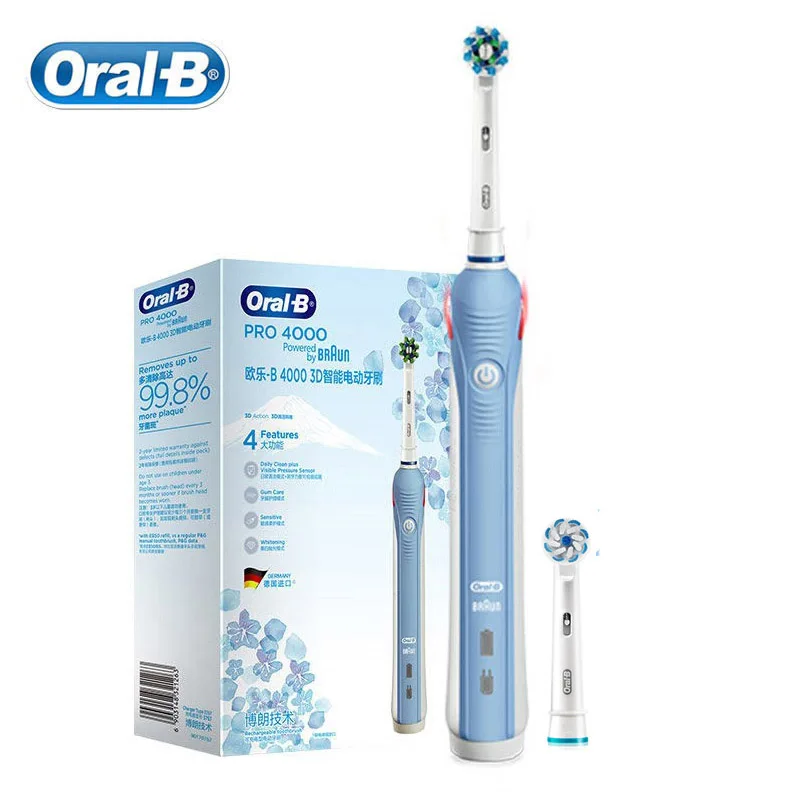 Oral B Pro4000 Electric Toothbrush 3D Action Clean 4 Modes Visible Pressure Sensor Whiter Teeth Rechargeable Adult's Toothbrush