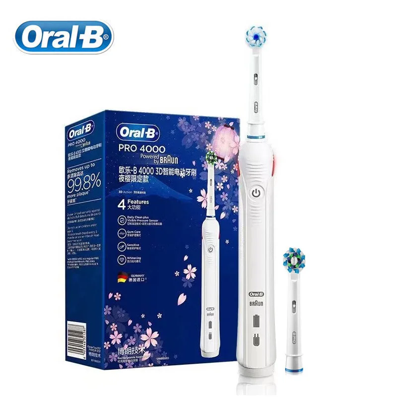Oral B Pro4000 Electric Toothbrush 3D Action Clean 4 Modes Visible Pressure Sensor Whiter Teeth Rechargeable Adult's Toothbrush