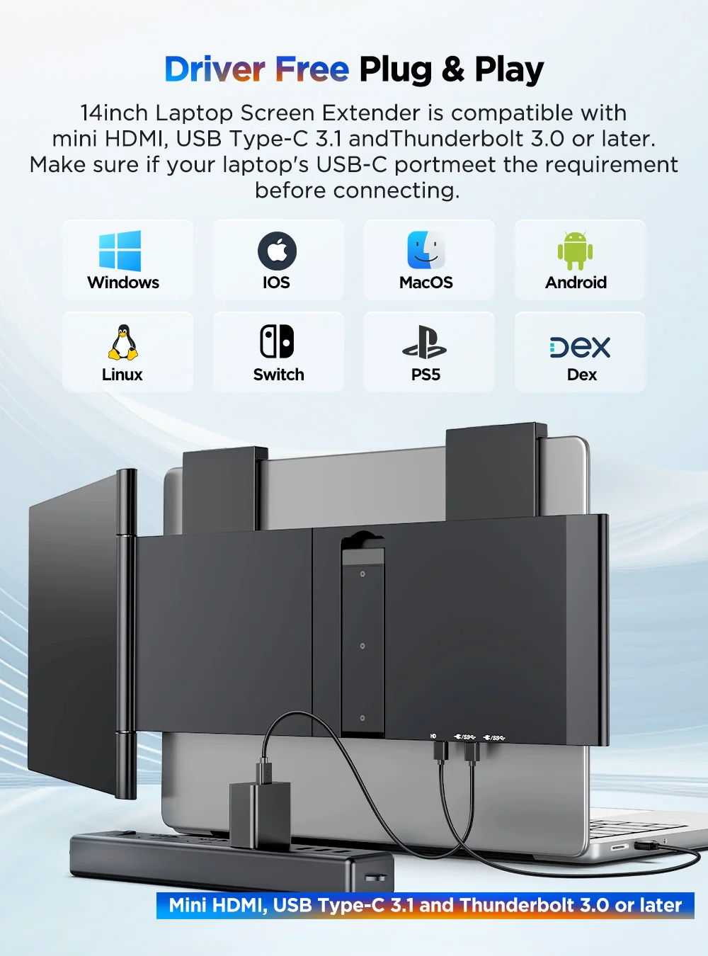 UPERFECT 14'' Portable Monitor Laptop Foldable Screen Extender 1080 FHD Travel Display For 13.3