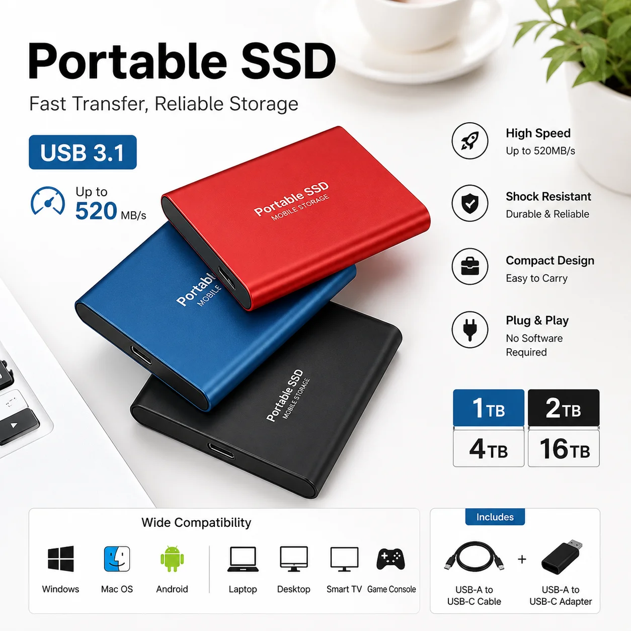 External Hard Drive Portable SSD Type-C Storage Drive for Home Office PC