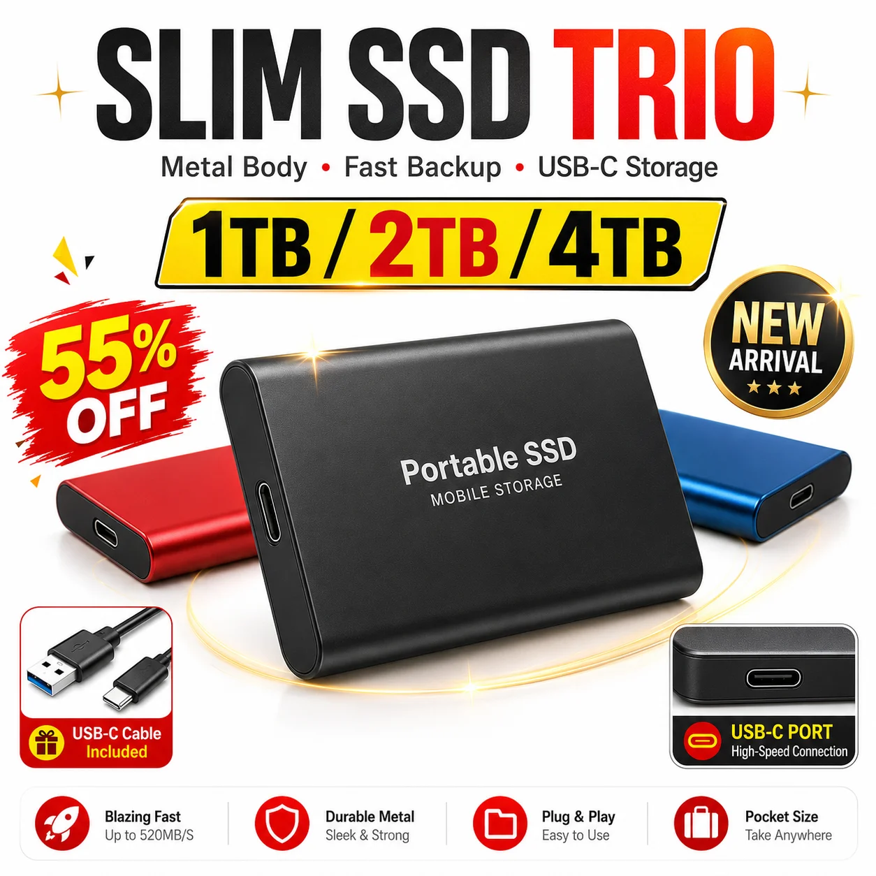 4TB External SSD Portable Storage Hard Drive USB 3.0 Type-C Hard Disk for Laptop Mac Game Files Media Backup