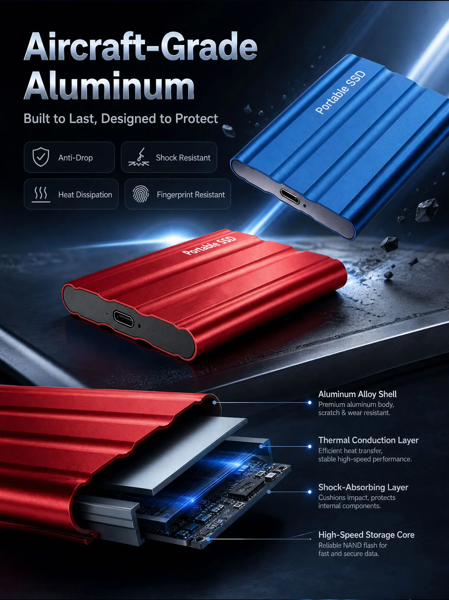 Portable external SSD 16TB high-speed original hard drive, large capacity portable solid state drive, USB 3.1 storage disk suita