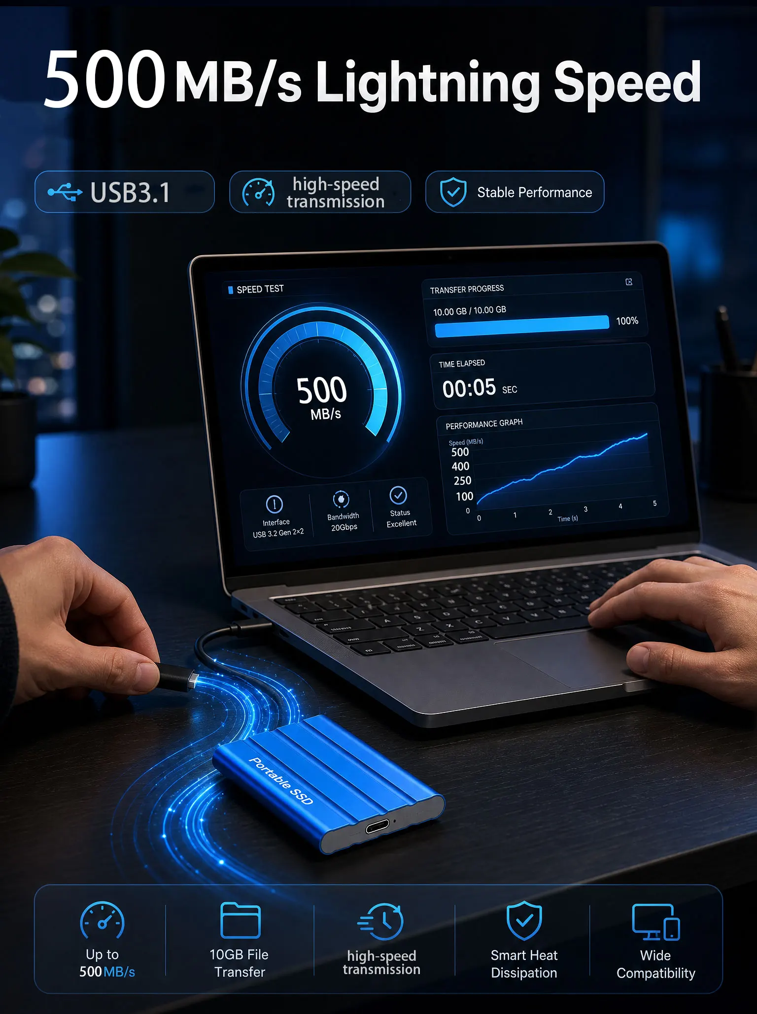 Portable external SSD 16TB high-speed original hard drive, large capacity portable solid state drive, USB 3.1 storage disk suita