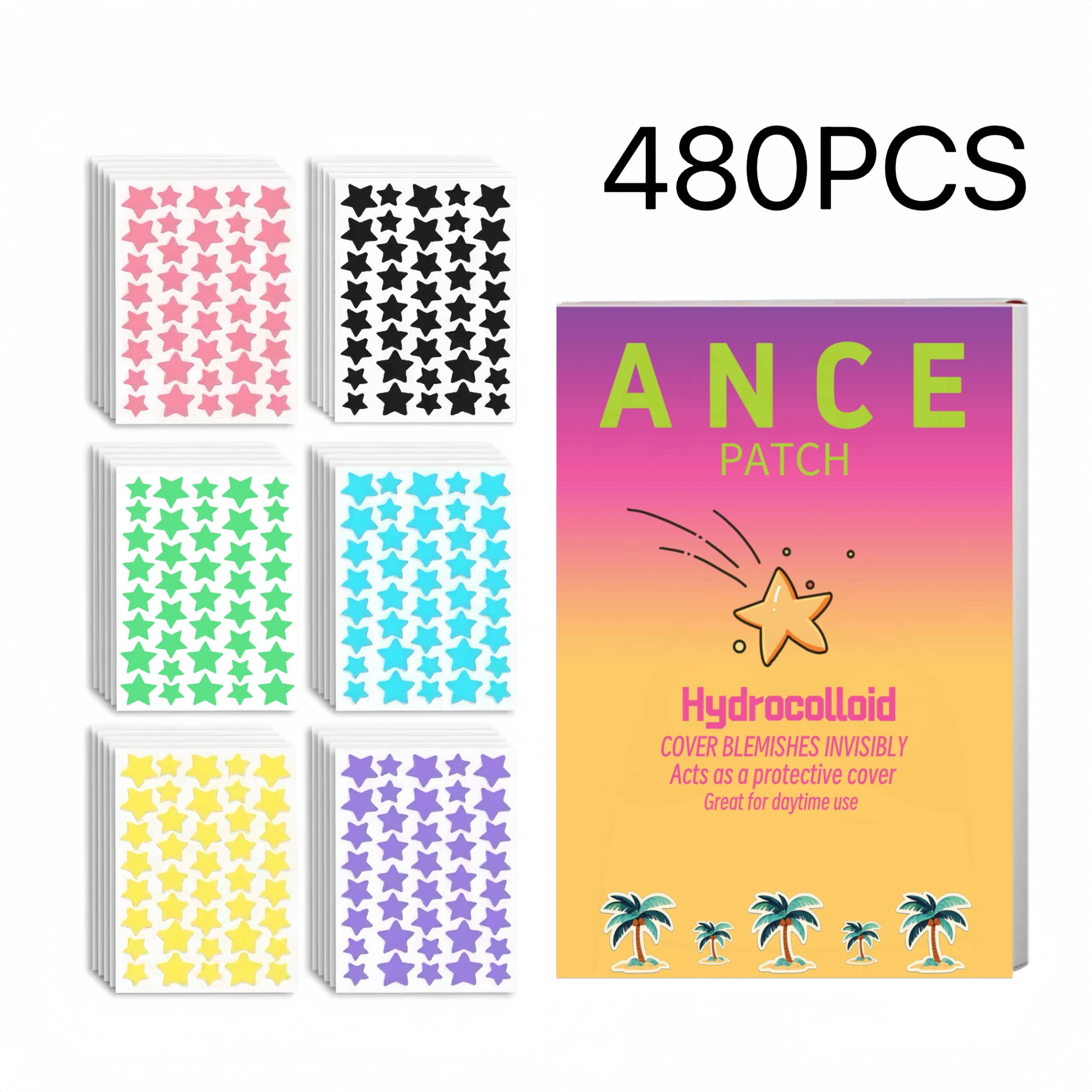 Summer Gradient Palm Packaging Star Acne Patches 480PCS Sweatproof Colorful Decorative Face Zit Stickers For All Skin Types