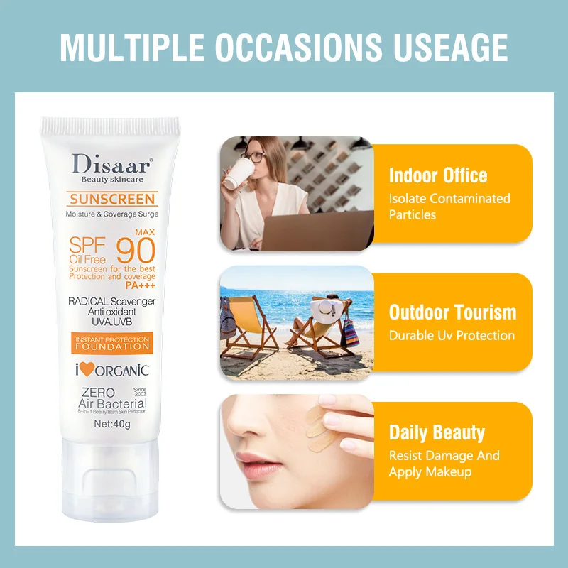 SPF90 PA+++ Oil Free Sunscreen Foundation 40g, Antioxidant UVA/UVB Protection, Organic Moisture Coverage Surge for Face