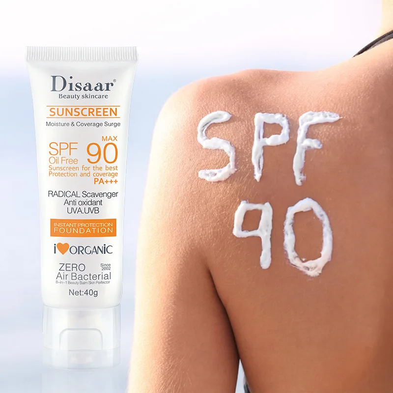 SPF90 PA+++ Oil Free Sunscreen Foundation 40g, Antioxidant UVA/UVB Protection, Organic Moisture Coverage Surge for Face
