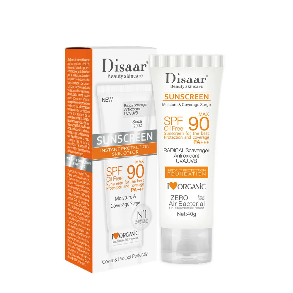 SPF90 PA+++ Oil Free Sunscreen Foundation 40g, Antioxidant UVA/UVB Protection, Organic Moisture Coverage Surge for Face