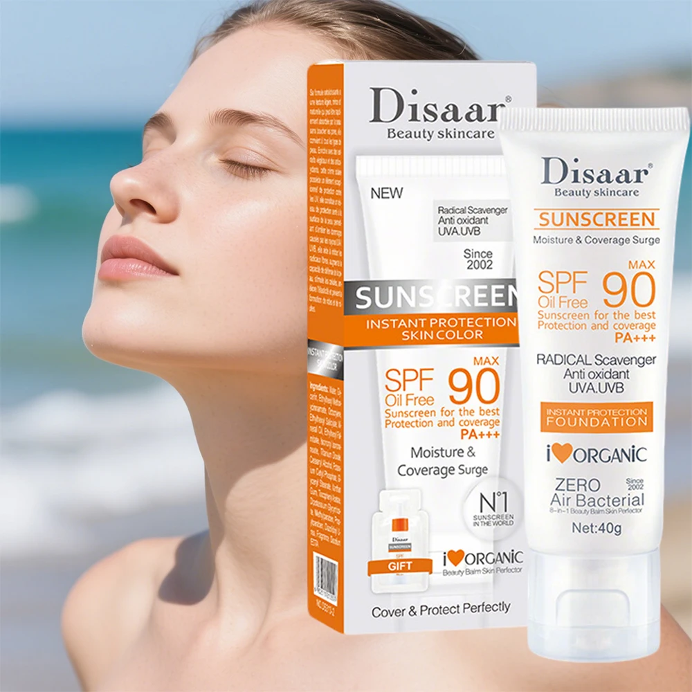 SPF90 PA+++ Oil Free Sunscreen Foundation 40g, Antioxidant UVA/UVB Protection, Organic Moisture Coverage Surge for Face