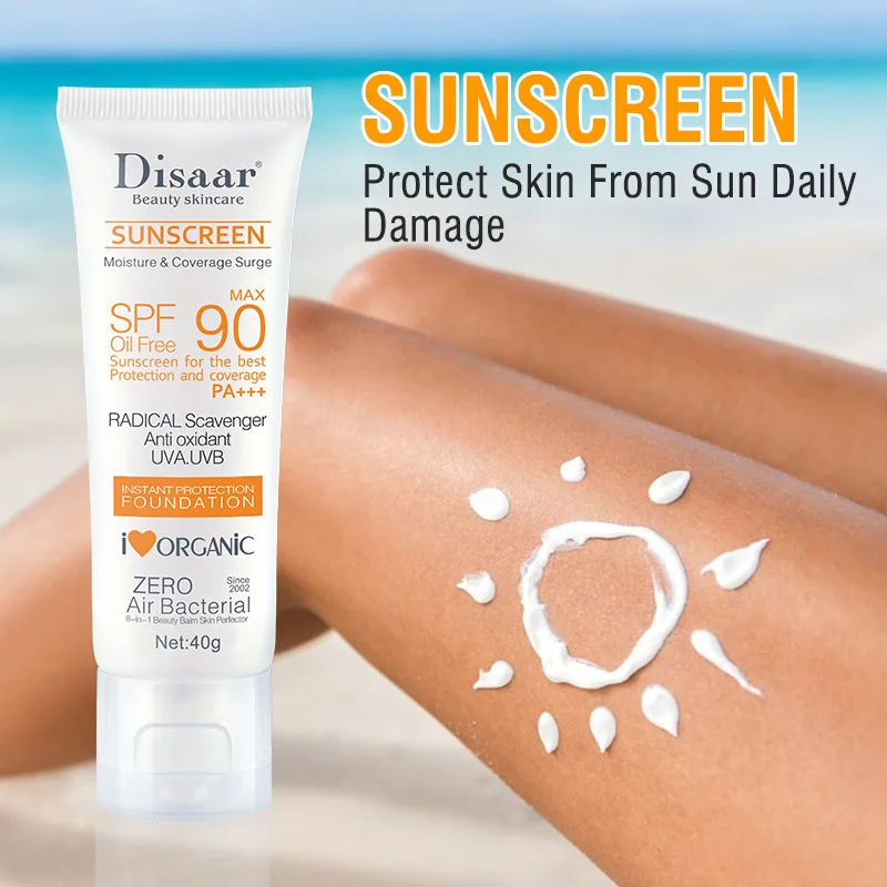 SPF90 PA+++ Oil Free Sunscreen Foundation 40g, Antioxidant UVA/UVB Protection, Organic Moisture Coverage Surge for Face