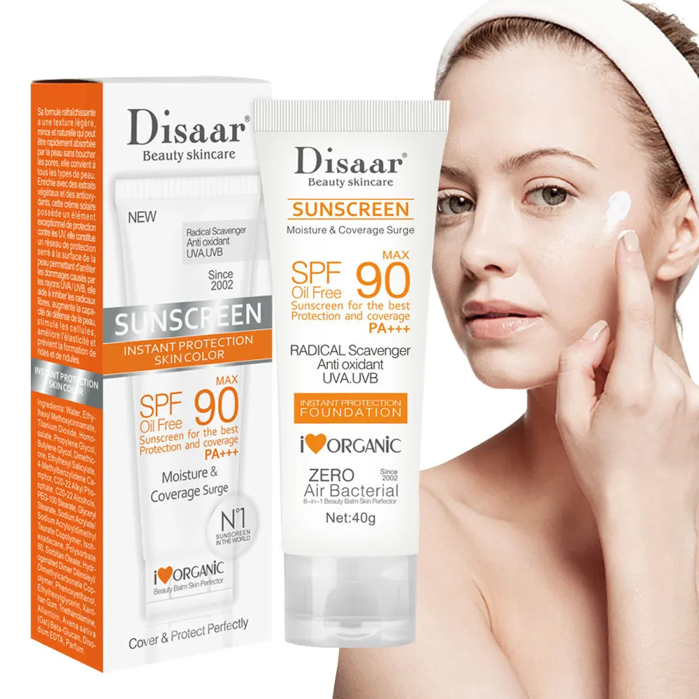 SPF90 PA+++ Oil Free Sunscreen Foundation 40g, Antioxidant UVA/UVB Protection, Organic Moisture Coverage Surge for Face