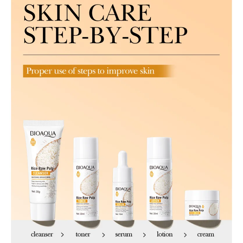 5pcs BIOAOUA Rice Raw Whitening Set Brighten Hydrating Moisturize Soothing Facial Cleanser+toner+essence+lotion+cream Skincare