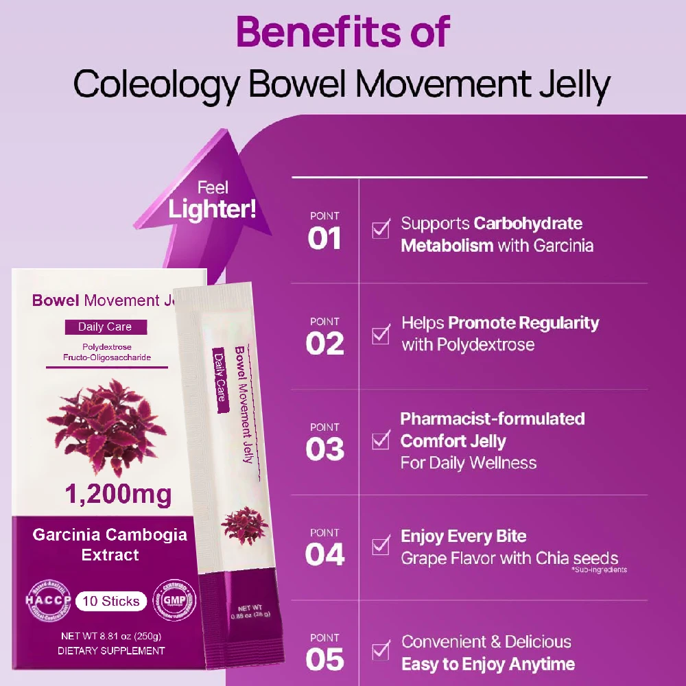 Bowel Movement Jelly (10 Days) - Garcinia Cambogia Jelly Sticks. Grape and Chia Seed. Polydextrose, Collagen, Hyaluronic Acid
