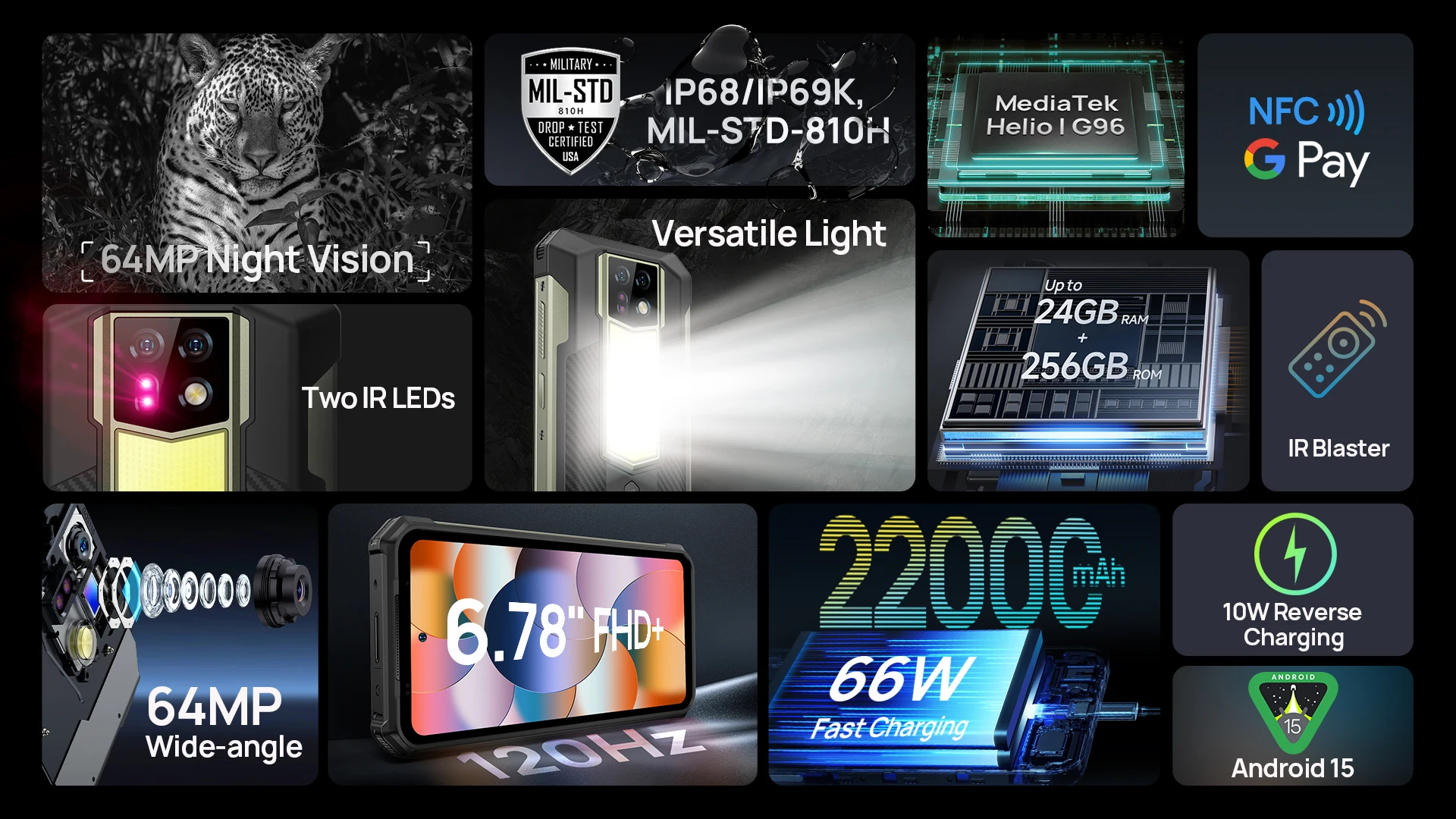 Ulefone Armor 24 Rugged Smartphone Up to 24GB RAM 256GB ROM 22000mAh 66W 64MP Night Camera 6.78