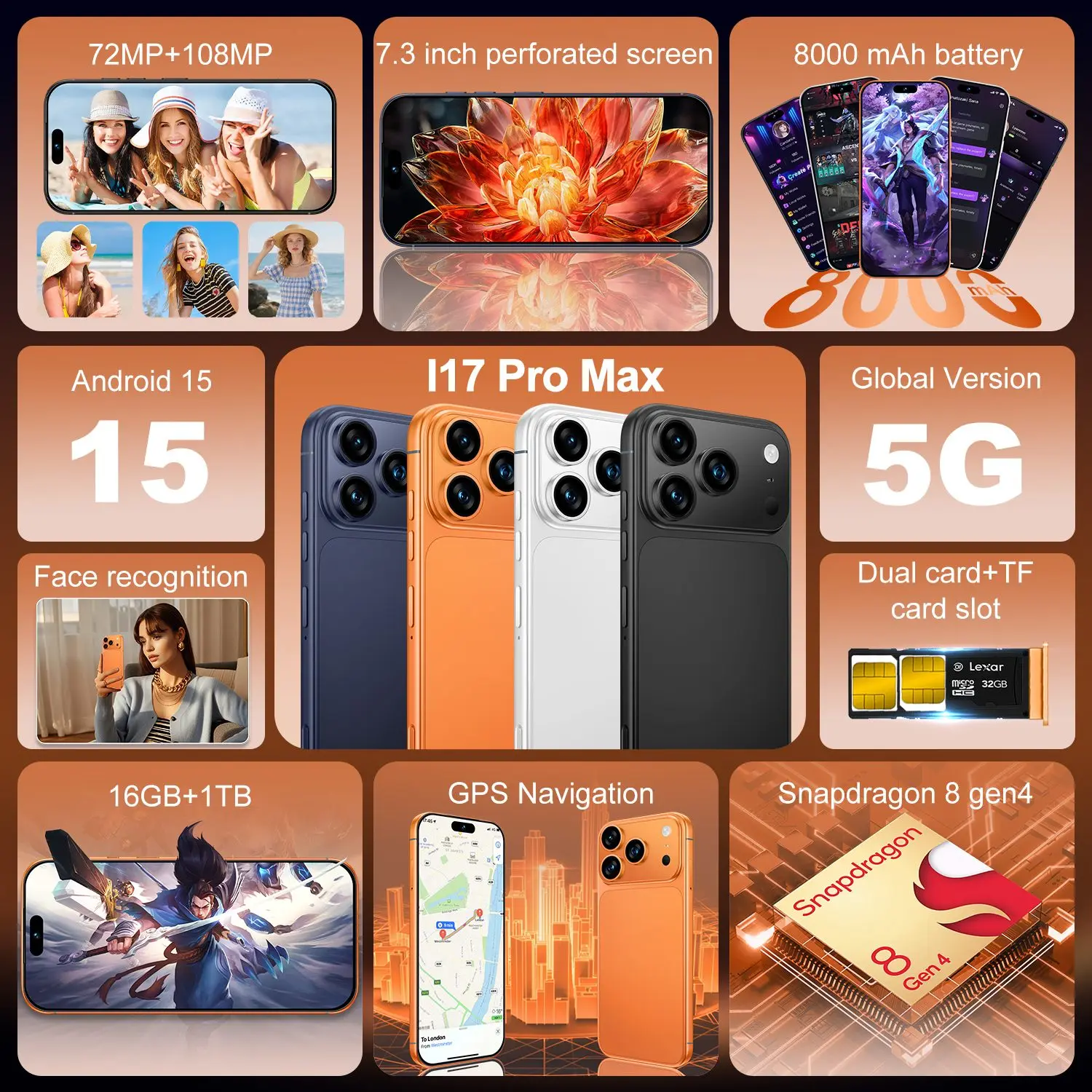 Hot 2026 New I17 Pro Max Global Version 5G Dual Card Dual Standby System Original Intelligent 7.3inch 8000mAh Battery Arrival