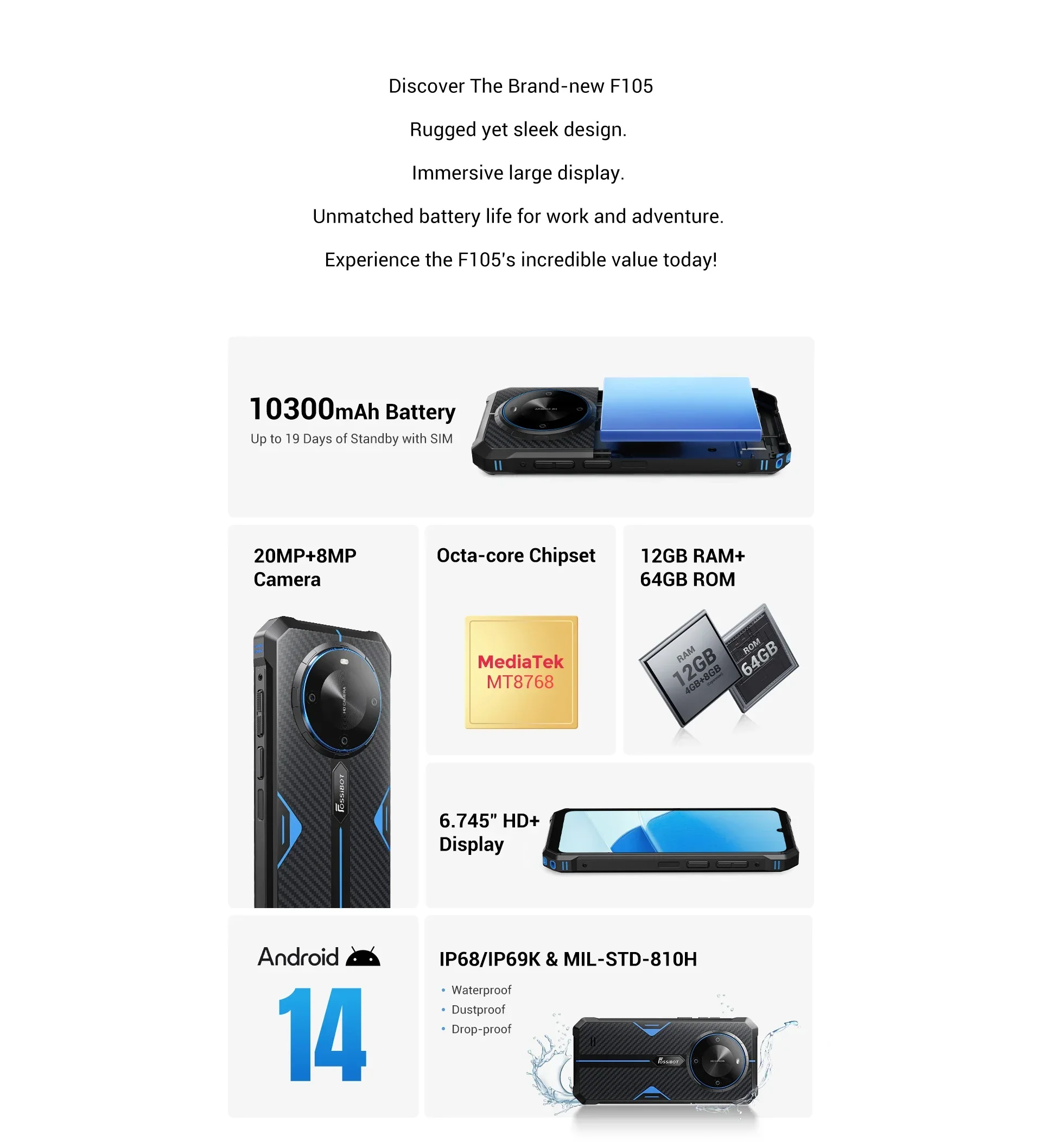 FOSSiBOT F105 Rugged Smartphone 12(4+8)GB+64GB 10300mAh Android 14 OS Mobile Phone 20 MP Camera 6.745