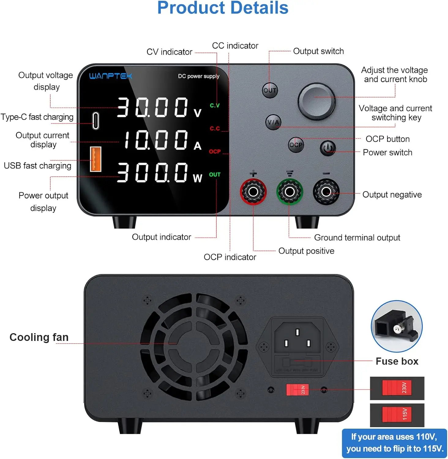 Wanptek DC Lab Power Supply 30V 60V 120V Adjustable Voltage Regulator Preset Voltage Current Dual Input Voltage 220V/110V