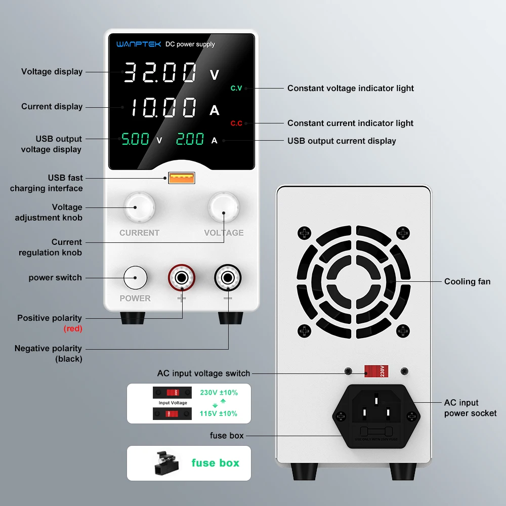 Wanptek DC Lab Power Supply 30V 60V 120V Adjustable Voltage Regulator Preset Voltage Current Dual Input Voltage 220V/110V