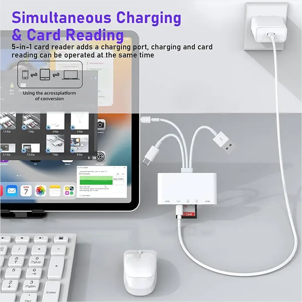 Three-wire 5-in-1 card reader, multi-function OTG converter, high-speed transmission, compatible with Iphone/Android/ipad