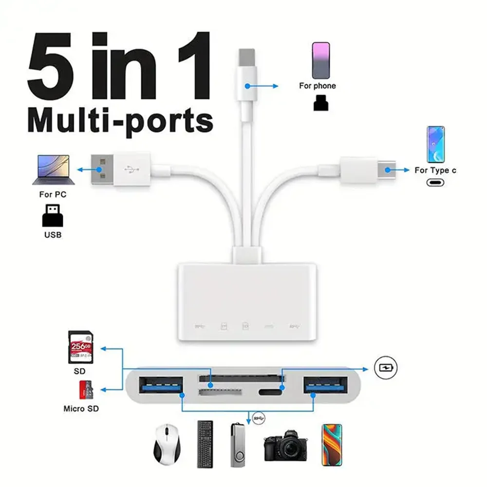 Three-wire 5-in-1 card reader, multi-function OTG converter, high-speed transmission, compatible with Iphone/Android/ipad