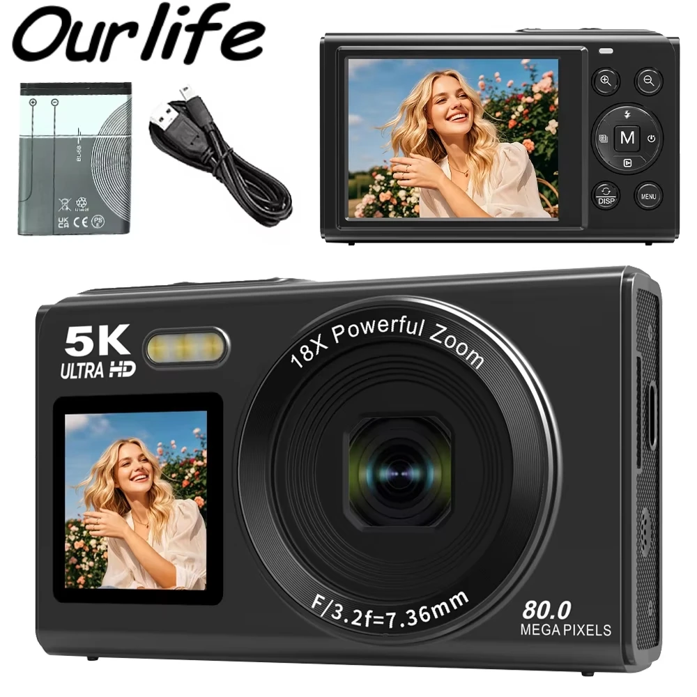 Ourlife Digital Camera 5K 80MP 18X Digital Zoom Dual IPS Screen Camera WIFI Cam Vintage Vlog Video Recorder for Photography