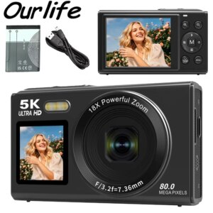 Ourlife Digital Camera 5K 80MP 18X Digital Zoom Dual IPS Screen WIFI Camera