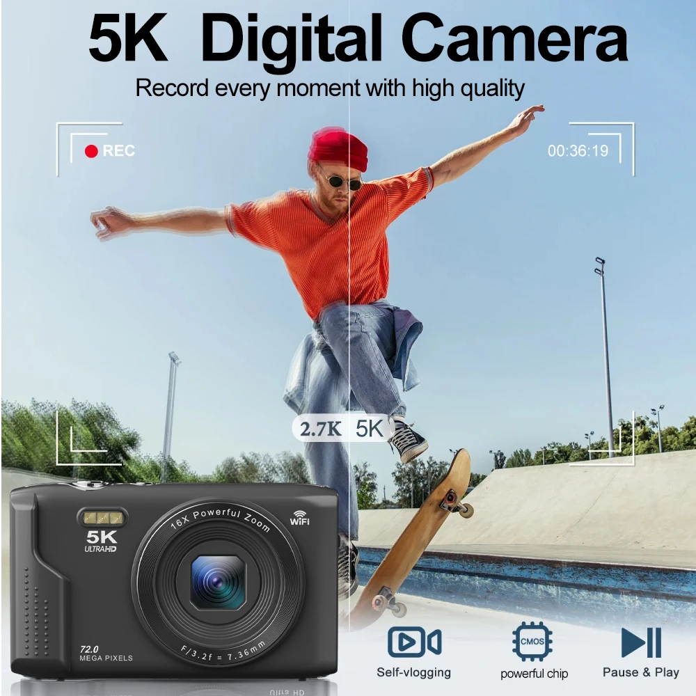 Ourlife Compact Digital Camera 5K 72MP 2.8'' Screen LCD Screen 16X Digital Zoom Vintage Photography Vlog Video Recorder YouTube