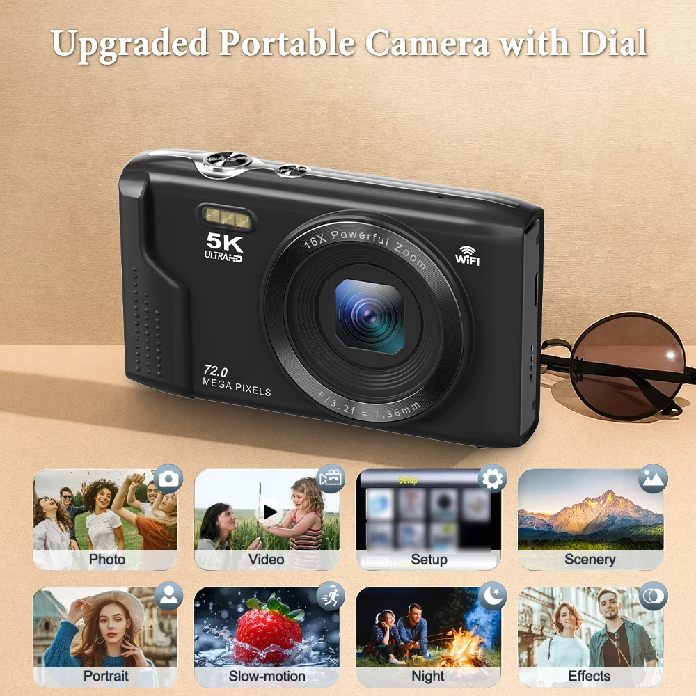 Ourlife Compact Digital Camera 5K 72MP 2.8'' Screen LCD Screen 16X Digital Zoom Vintage Photography Vlog Video Recorder YouTube