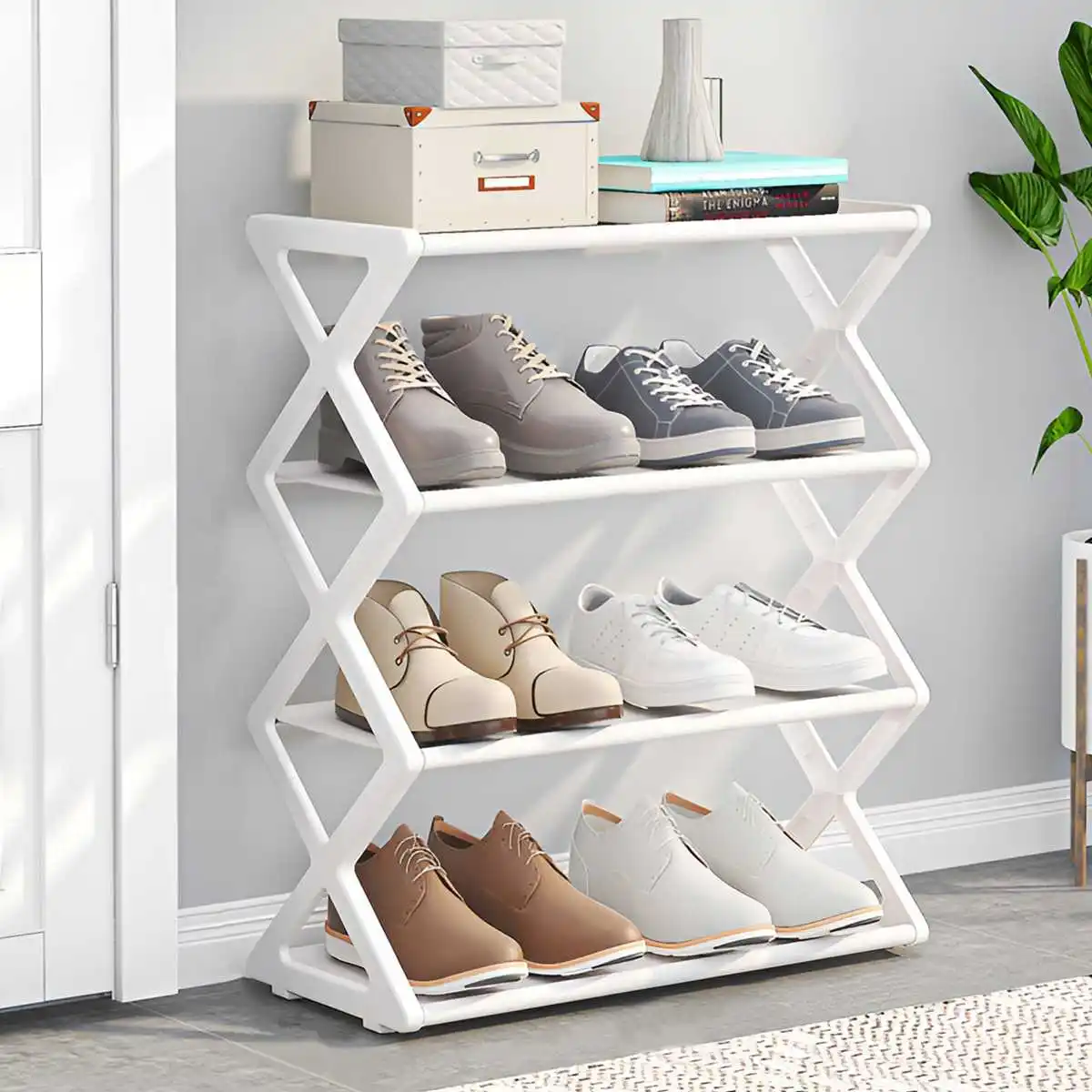 Hot 4-Tier X-Type Shoe Storage Rack, Dorm Rooms Multifunctional X-shaped Dust-proof Storage Rack for Entryways Hallways Bedrooms