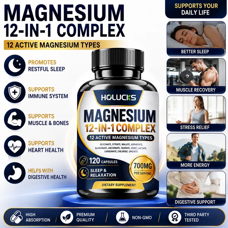 Magnesium 12-IN-1 Complex Capsules - Bone & Heart Health Supplement, Sleep Support,Muscle Relaxation,Stress & Anxiety Relief
