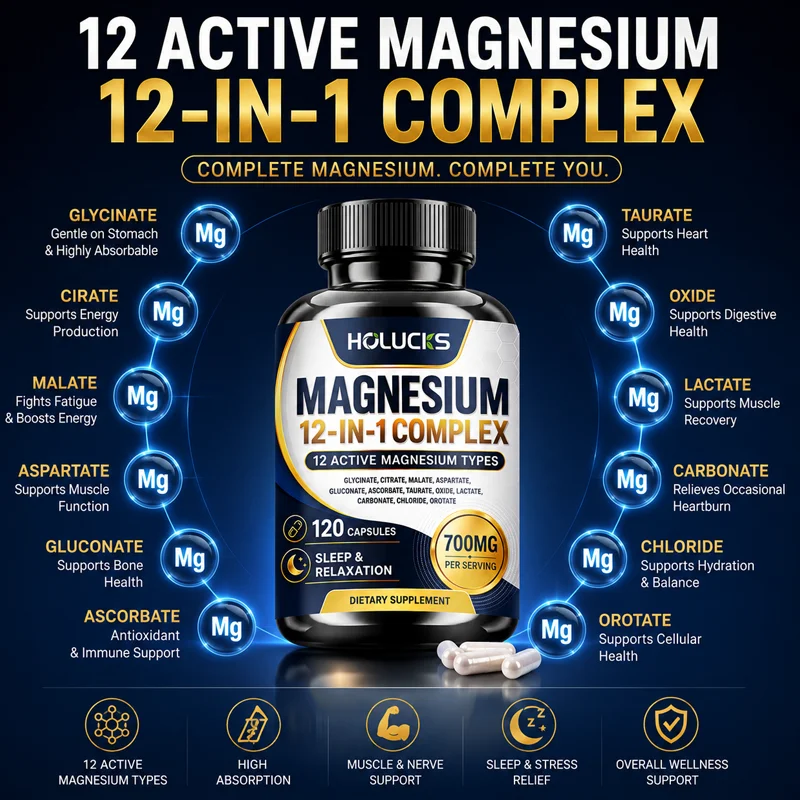 Magnesium 12-IN-1 Complex Capsules - Bone & Heart Health Supplement, Sleep Support,Muscle Relaxation,Stress & Anxiety Relief