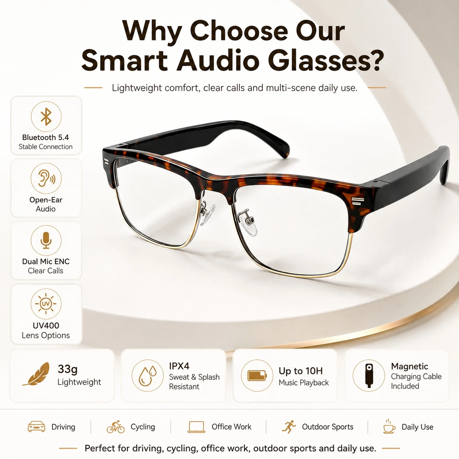 Photochromic Sunglasses with Open Ear Bluetooth Glasses, Smart AI Voice Assistant, Dual Mic ENC Smartglasses for Clear Calls