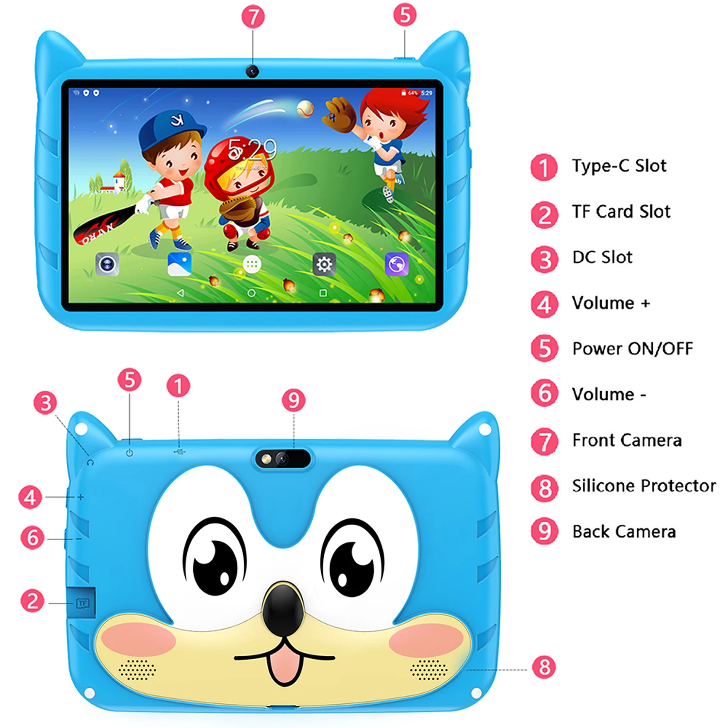 BDF Cartoon Pattern 7 Inch Kids Tablet Quad Core 4GB RAM 64GB ROM Android 13 Google Learning Education Games Tablets 4000mAh