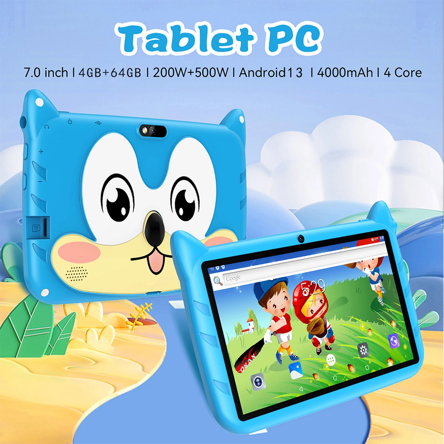 BDF Cartoon Pattern 7 Inch Kids Tablet Quad Core 4GB RAM 64GB ROM Android 13 Google Learning Education Games Tablets 4000mAh