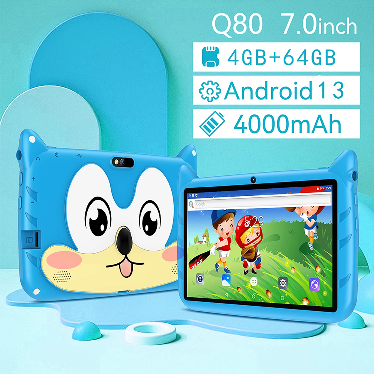 BDF Cartoon Pattern 7 Inch Kids Tablet Quad Core 4GB RAM 64GB ROM Android 13 Google Learning Education Games Tablets 4000mAh
