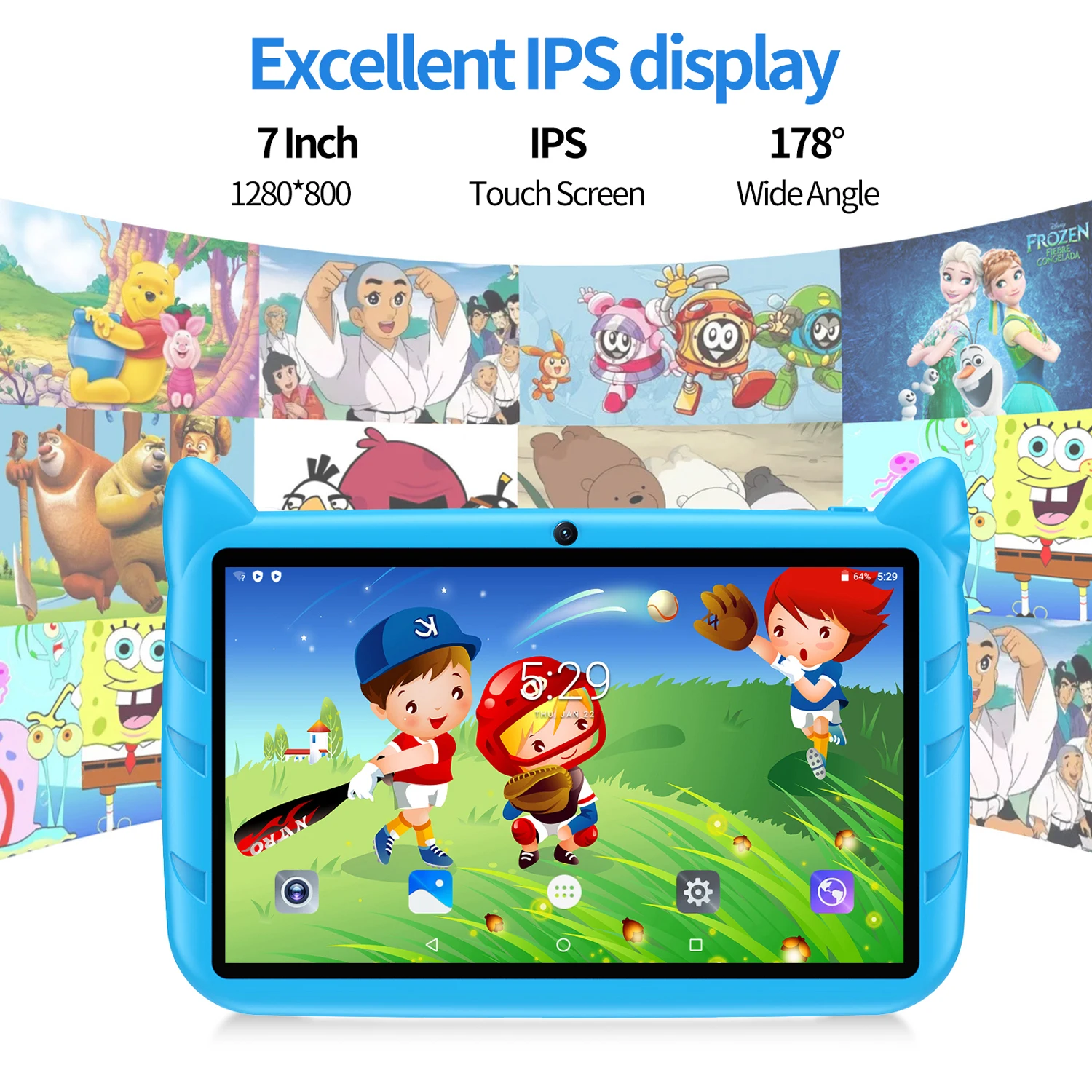BDF Cartoon Pattern 7 Inch Kids Tablet Quad Core 4GB RAM 64GB ROM Android 13 Google Learning Education Games Tablets 4000mAh