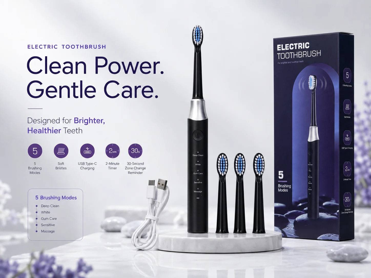 Dr.Yadent YD07 Electric Sonic Toothbrush Sensitive Gum Care Rechargeable Toothbrush 5 Modes Soft Brush Bristle 60 Days Life Long