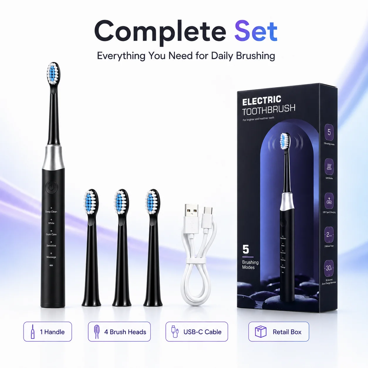 Dr.Yadent YD07 Electric Sonic Toothbrush Sensitive Gum Care Rechargeable Toothbrush 5 Modes Soft Brush Bristle 60 Days Life Long